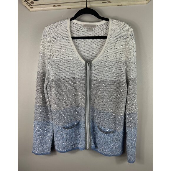 Laura Ashley Cardigan Sweater Full Zip Jacket Blue Gray Pockets XL - Picture 1 of 8